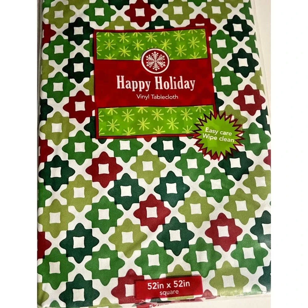Christmas Red Green White Vinyl Tablecloth Flannel Backed Holiday Square 52x52